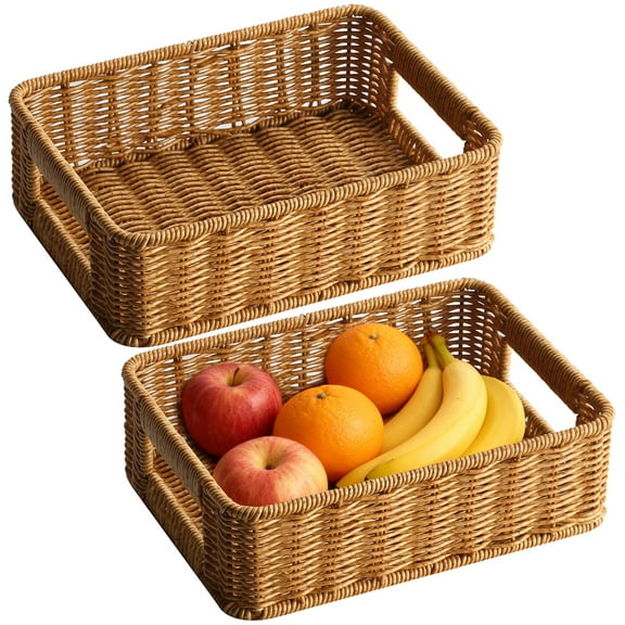 2 Pcs Faux Rattan Tray, Brown Wicker Baskets for Storage, 10.2 x 7.5 x 3.1 in Plastic Serving Trays with Hollow Design, Hand-Woven Decorative Basket for Kitchen, Pantry, Bathroom