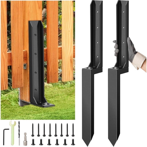 2 Pcs Fence Post Repair Kit, Heavy Duty Fence Post Anchor Ground Stakes for Repair Tilted, Broken Wood Support