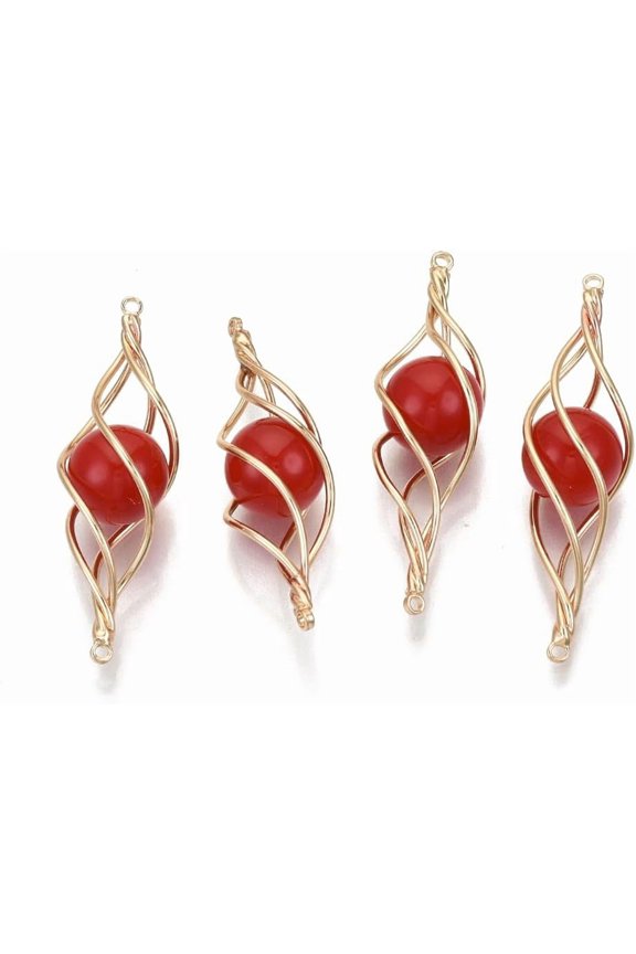 2 Pcs FireBrick Acrylic Pendants Pendant with Light Gold Plated Brass Wire Wire Twist Pendant Jewel for Women Jewelry DIY Necklace Bracelet Craft Making 39~40x11~12x10~11mm Hole: 1mm
