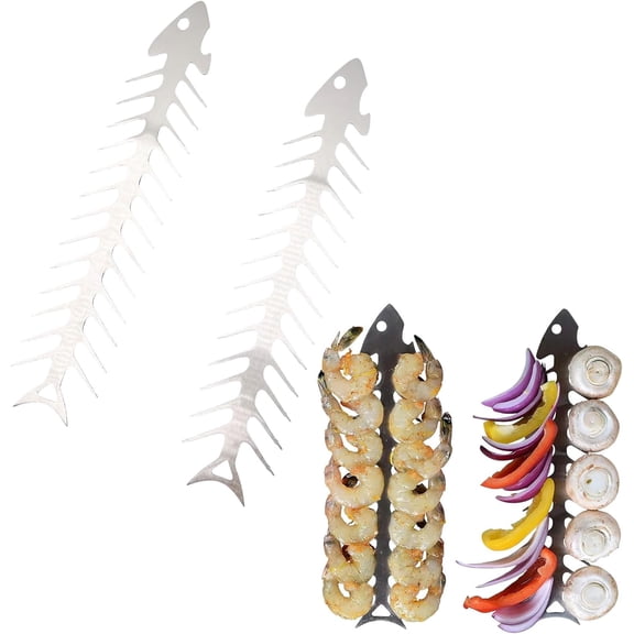 2 Pcs Fish Bone Shape Barbecue Sticks, Metal Kabob Sticks for Grilling, Reusable Fork Stick, Sticks& Bottle Opener, Long Skewers Cooking Tools BBQ