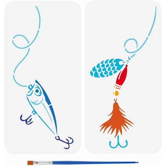 2 Pcs Fish Lure Drawing Stencil with A Paint Brush 11.8x5.9inch Fishing Fishhook Painting Template Go Fishing Pattern Decoration DIY Stencil for Painting on Wood Wall Fabric Furniture for DIY