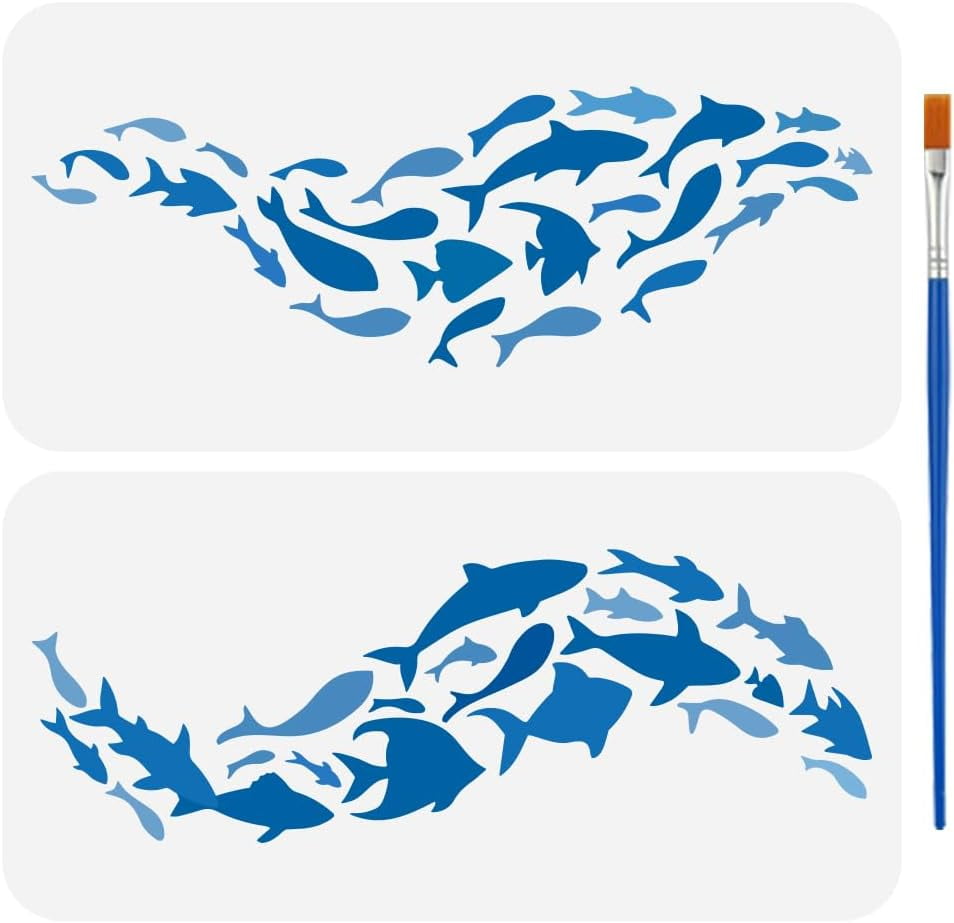2 Pcs Fish Painting Template with Brush 5.9x11.8inch Fish Silhouettes ...