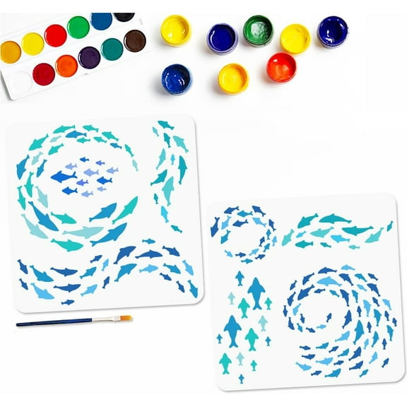 2 Pcs Fish Stencils School of Fish Stencil with Paint Brush 11.8×11.8inch Ocean Animals Reusable Plastic Painting Templates