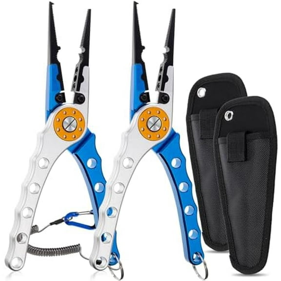 2 Pcs Fishing Pliers Saltwater Braid Cutters 7.8 Inch Fishing Hook Remover Split Ring Fishing Tools with Sheath and Lanyard Gear Gifts for Fish Line Cutting Boat Fly Ice Fishing Accessories