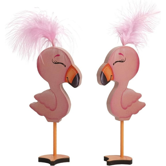 2 Pcs Flamingo Decor, Wooden Pink Flamingo Decor, Tropical Hawaiian Theme Summer Decorations for Home Table Desk Shelf Tiered Tray Indoor