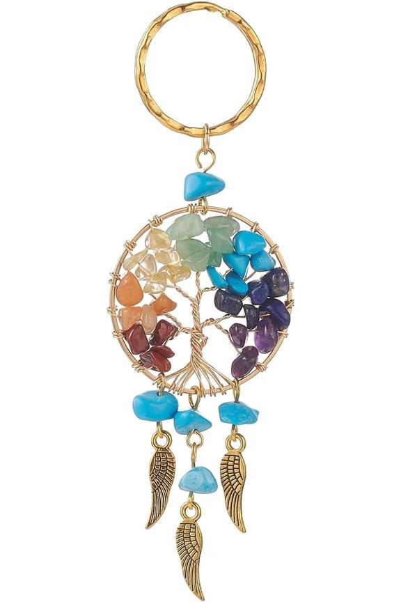 2 Pcs Flat Round Keychain Turquoise Keychain with Iron Split Key Rings Alloy Wing Charms and Gemstone Bag Charms Stylish Keychains Accessories for Women's Keychain Phone Charm Accessories diy