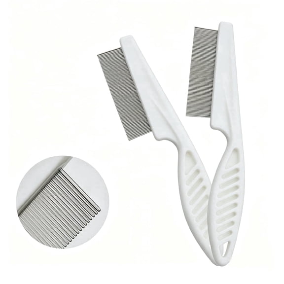 2 Pcs Flea Comb Set, Stainless Steel Pet Lice Tick Remover, Large & Small for Dogs Cats Grooming, White