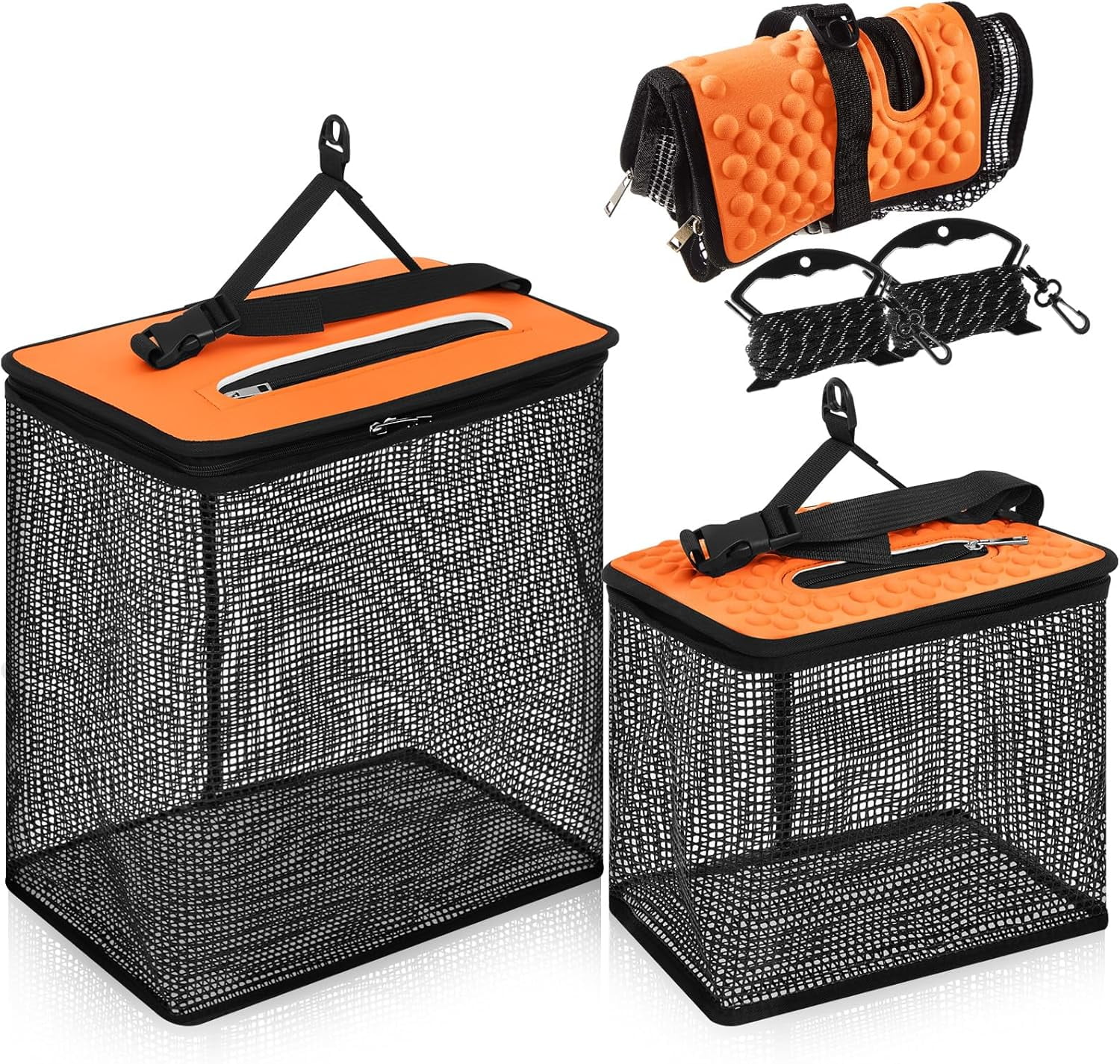 2 Pcs Floating Fishing Basket for Caught Fish 3.5 Gallons /10 Gallons Collapsible Fishing Net Foldable Minnow Bucket Holder Portable Rubber Coated Bait Storage Cage for Live Minnows Crayfish