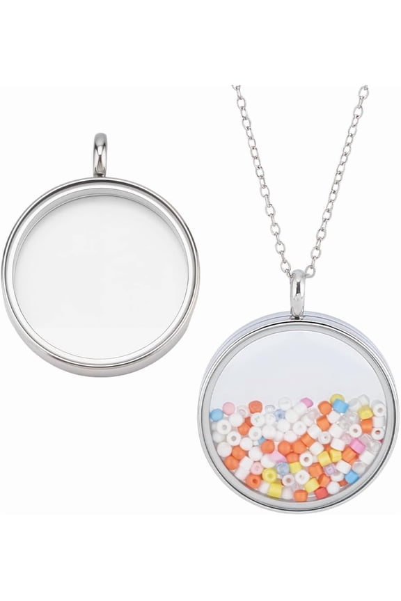 2 Pcs Floating Locket Charms Stainless Steel Flat Round Locket Pendants with Clear Glass Photo Frame Charms Memory Locket Picture Pendants for DIY DIY Necklace Jewelry Making Women Gift