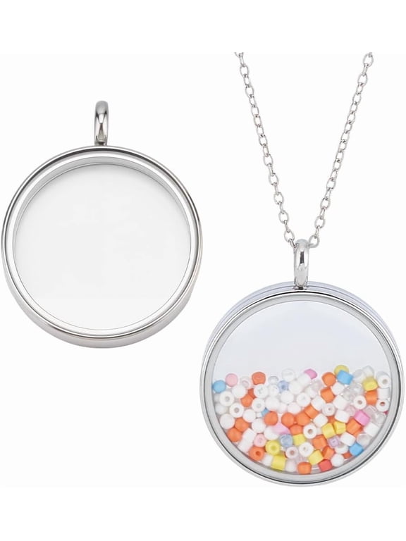 2 Pcs Floating Locket Charms Stainless Steel Flat Round Locket Pendants with Clear Glass Photo Frame Charms Memory Locket Picture Pendants for DIY Necklace Jewelry Making Women Gift Gray