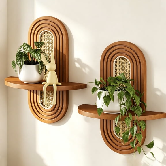 2 Pcs Floating Shelves for Wall, Boho Home Wall Decor,Rattan Plant Shelf, Mid Century Modern Decor Hanging Plant Shelf, Natural Wood Shelves Decorative Book and Plant Display