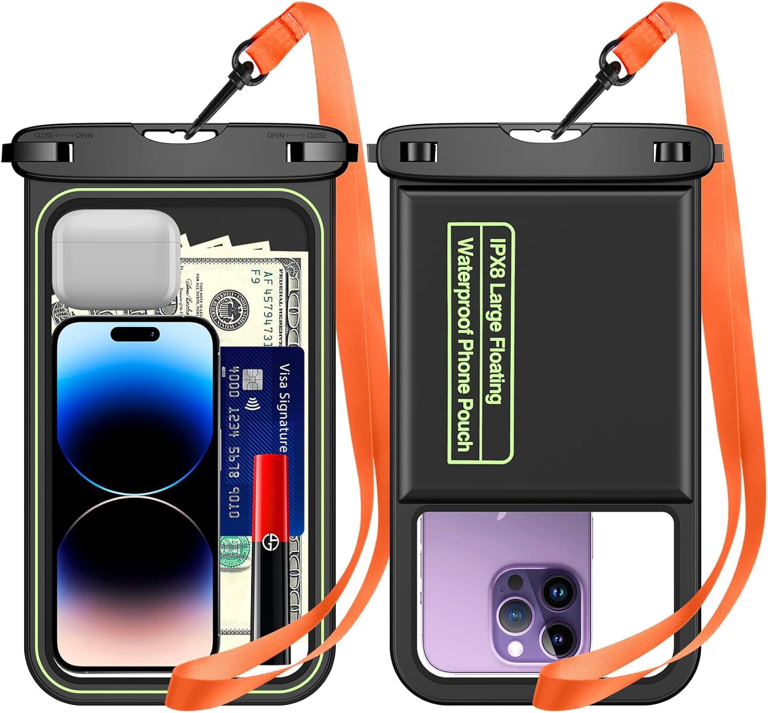 2 Pcs Floating Waterproof Phone Pouch,[Up to 10" Large] Universal IPX8 Cell Dry Bag with Lanyard for iPhone 16 Pro Max/16E/15/14/13/12/11,Galaxy S25 Ultra/S24/S23 Vacation