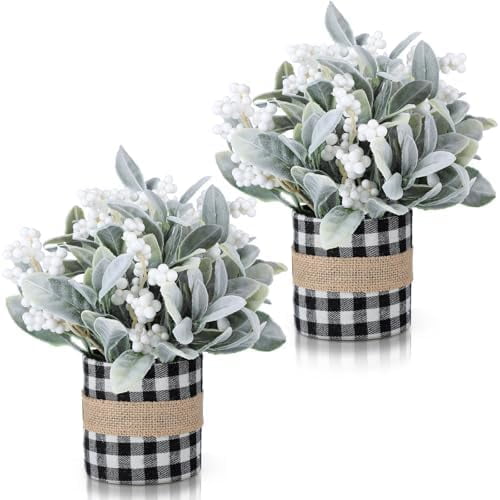 2 Pcs Flocked Lambs Ear Tabletop Winter Tree 10 Inch Black and White Buffalo Plaid Artificial Mini Tabletop Winter Tree with Berries for Home Table Party Decoration$$Home Decor, Kitchen, & Other