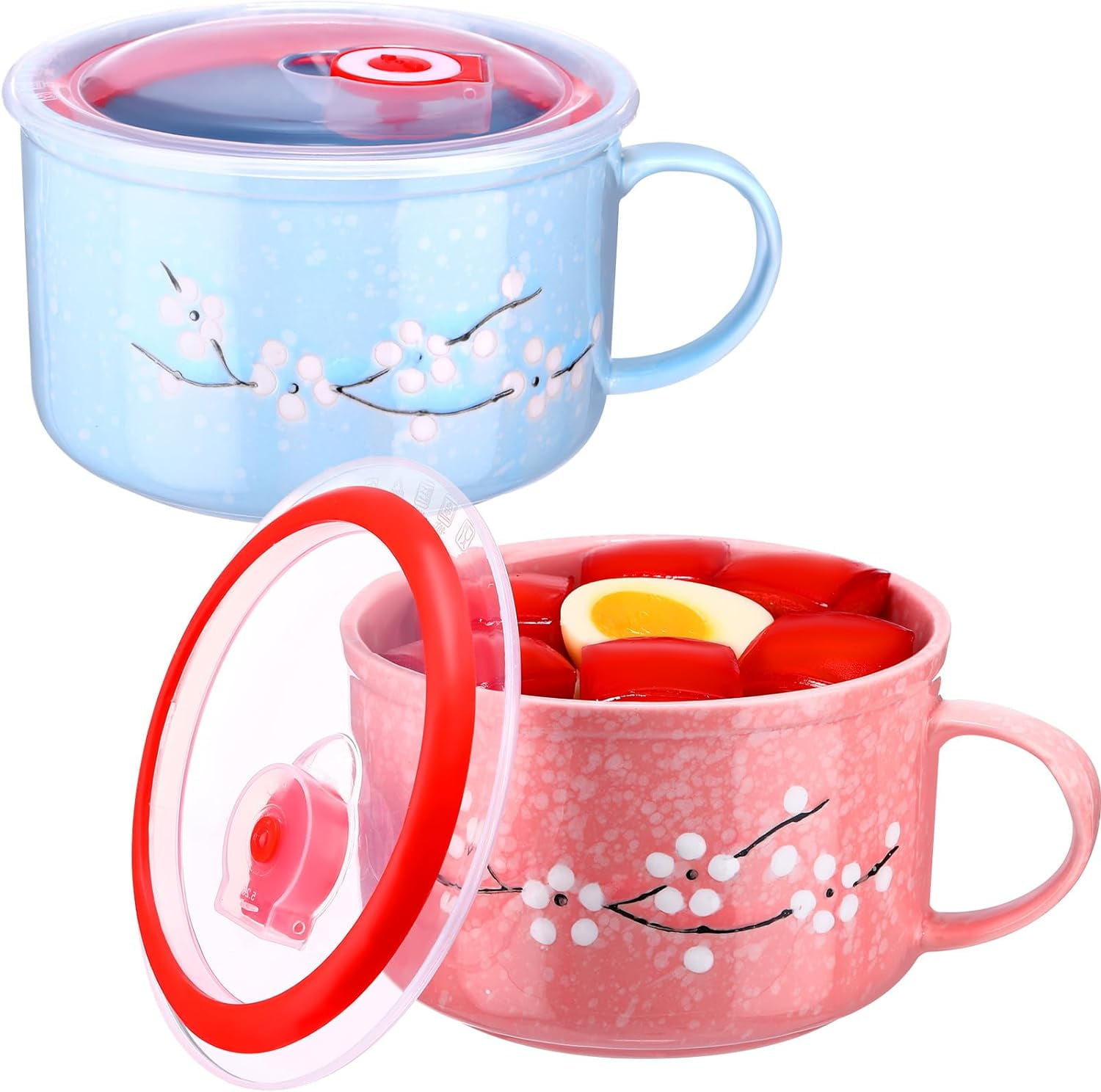 2 Pcs Floral Ceramic Bowl with Lid and Handle 30 oz Soup Bowls Heat