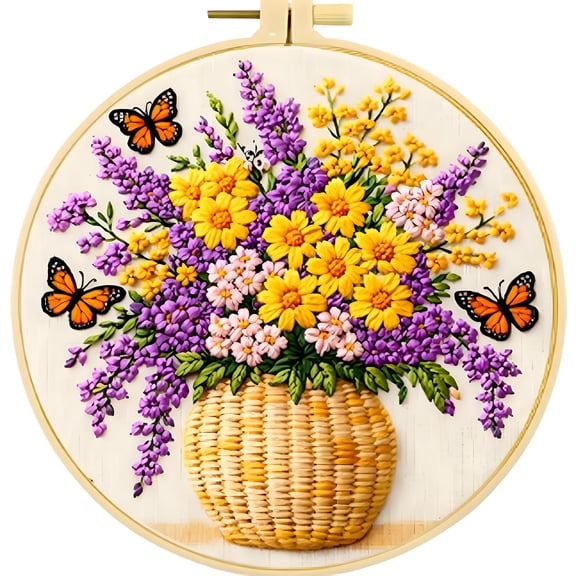 2 Pcs Floral Embroidery Kit for Adults, Flower Pre-Stamped Pattern Embroidery Kit for Beginners with Hoop Colorful Thread Needle Instruction, 7.8'' Hoop