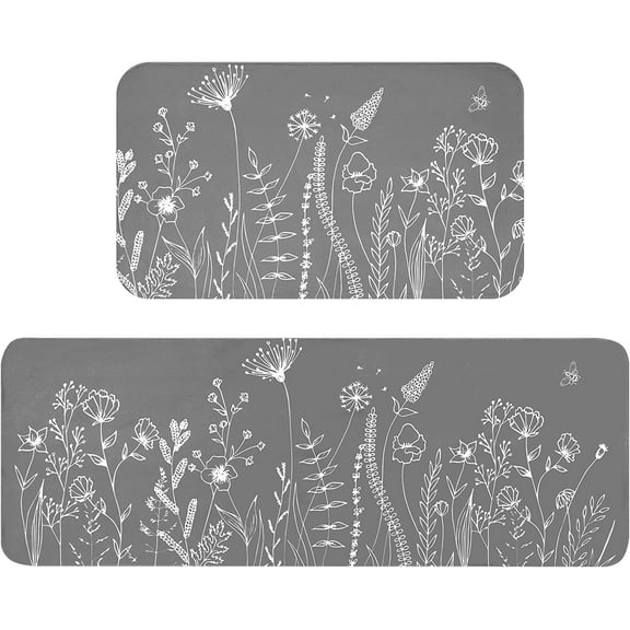 2 Pcs Floral Kitchen Rugs and Mat, Spring Summer Area Rug Set of 2 Washable, Absorbent Grey Kitchen Mats Cushioned Anti Fatigue, Non-Slip Flower Bath Mat for Laundry, 17'''' x 47'''' + 17'''' x 30''''