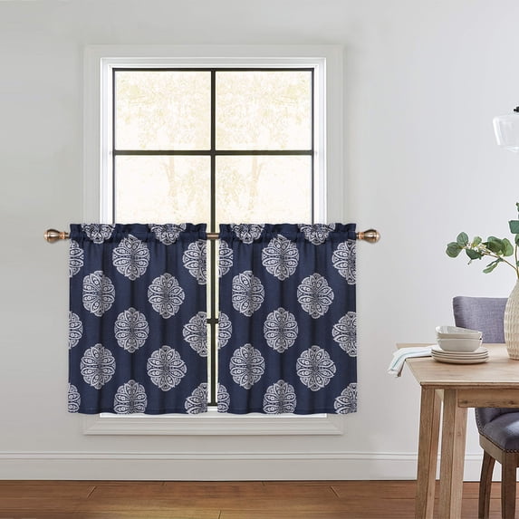 2 Pcs Floral Print Tier Curtain, Rod Pocket Linen Blended Short Curtain