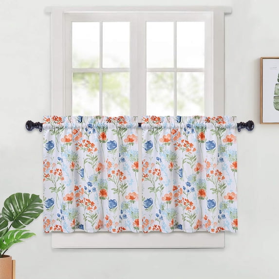 2 Pcs Floral Printed Tier Curtain, Rod Pocket Kitchen Cafe Small Curtain