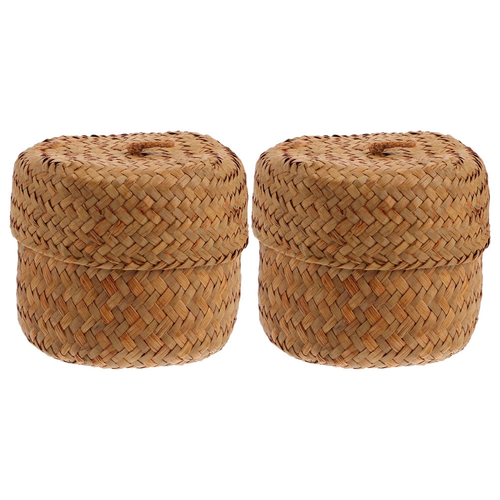 Handcrafted Light Brown Seagrass Woven Storage Baskets with Lids