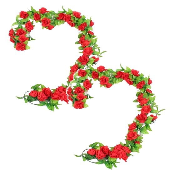 2 Pcs Flower Garland Artificial Rose Vine Flowers with Green Leaves Hanging Fake Roses Vine for Room Party Home Wedding Birthday Christmas Wall Arch Decor, 90.55 Inch, Red