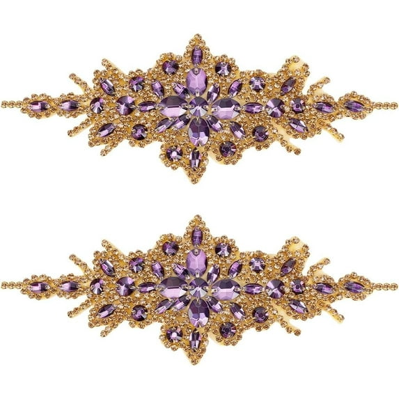 2 Pcs Flower Rhinestone Applique Belt 3.5x9.4Inch Purple Golden Rhombus Diamond Sewing Appliques Iron on/Sew Rhinestone Patch for Bridal Dress Bridal Sash Wedding Headband Wedding Belt