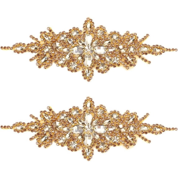 2 Pcs Flower Rhinestone Applique Belt 3.5x9.4Inch Purple Golden Rhombus Diamond Sewing Appliques Iron on/Sew Rhinestone Patch for Bridal Dress Bridal Sash Wedding Headband Wedding Belt DIY