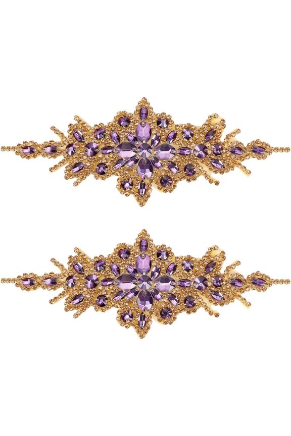 2 Pcs Flower Rhinestone Applique Belt 3.5x9.4Inch Purple Golden Rhombus Diamond on/Sew Rhinestone Patch for Bridal Dress Bridal Sash Wedding Headband Wedding Belt Colorful DIY