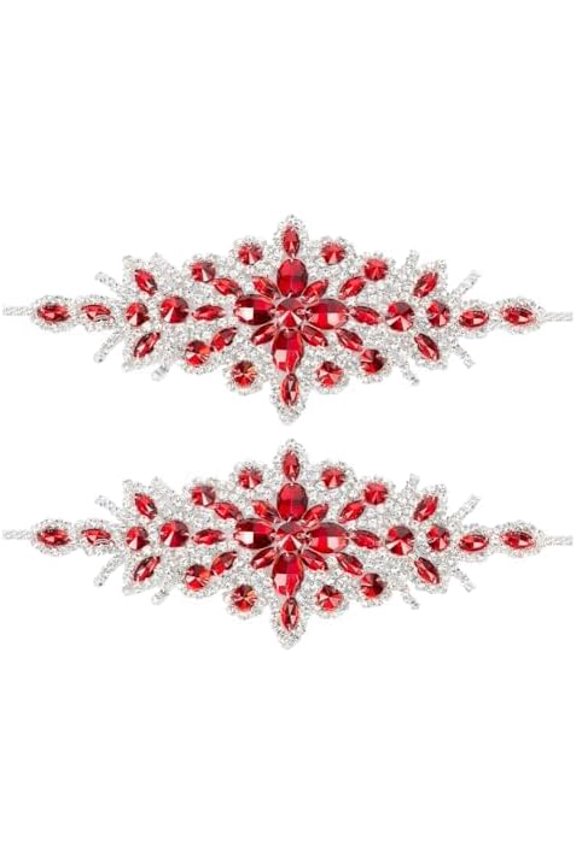 2 Pcs Flower Rhinestone Applique Belt 3.5x9.4Inch Red Rhombus Diamond Sewing Appliques with Silver Edge Iron on/Sew Rhinestone Patch for Bridal Dress Bridal Sash Wedding Headband Belt for DIY