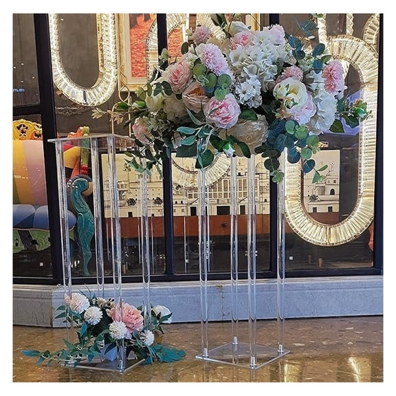 2 Pcs-Flower Vase Column Clear Acrylic Flower Stand Party Wedding Centerpiece for Table Decoration Bouquet Display Pillars, Acrylic Tall Vases for Centerpieces Party Wedding Festival Geometric Decor