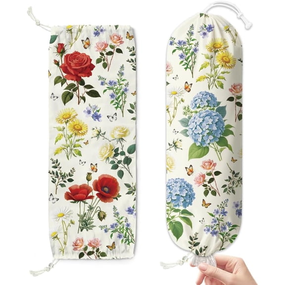 2 Pcs Flowers Plastic Bag Holder Hanging Grocery Bag Organizer with Drawstring Bottom 23" x 9" Large Storage Bags Dispenser Canvas Multi-color