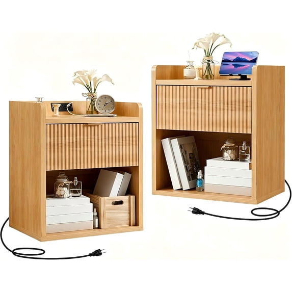 2 Pcs Fluted Nightstand Set with Charging Station Modern Bedside Table ...