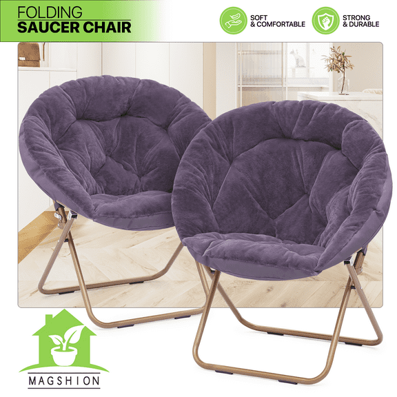 2 Pcs Foldable Faux Fur Saucer Chair Purple Lazy Moon Padded Seat w/Metal Frame