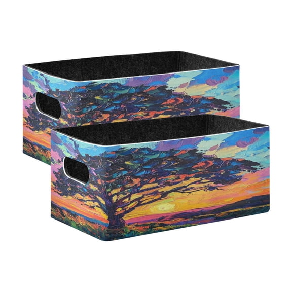 2 Pcs Foldable Felt Storage Bins Decorative Fabric Organizer Baskets Storage Boxes for Shelf & Closet An Oak Tree