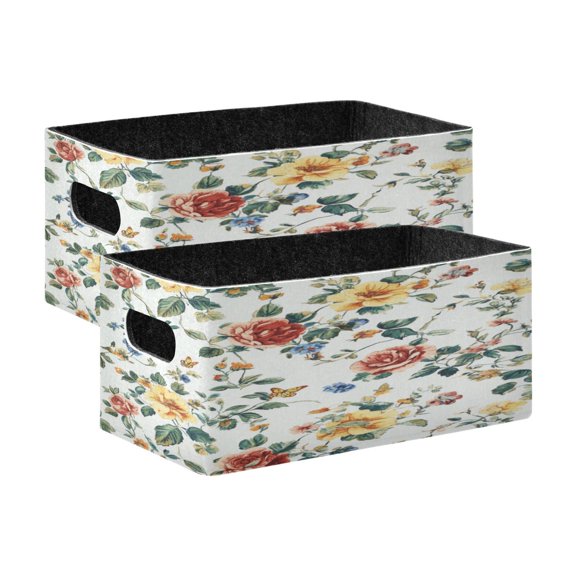 2 Pcs Foldable Felt Storage Bins Decorative Fabric Organizer Baskets Storage Boxes for Shelf & Closet Beautiful Vintage Floral Pattern