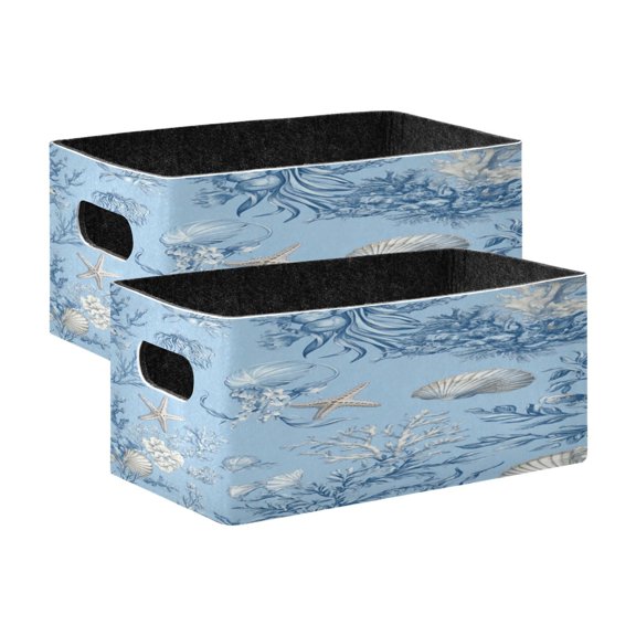 2 Pcs Foldable Felt Storage Bins Decorative Fabric Organizer Baskets Storage Boxes for Shelf & Closet Blue Oceanic Scene