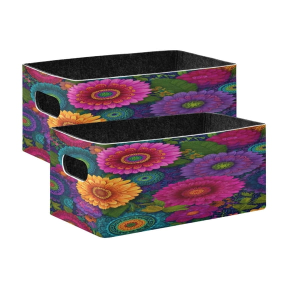 2 Pcs Foldable Felt Storage Bins Decorative Fabric Organizer Baskets Storage Boxes for Shelf & Closet Colorful Blooming Flowers