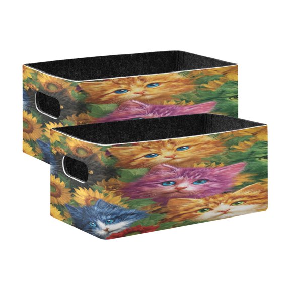 2 Pcs Foldable Felt Storage Bins Decorative Fabric Organizer Baskets Storage Boxes for Shelf & Closet Colorful Cat and Sunflowers