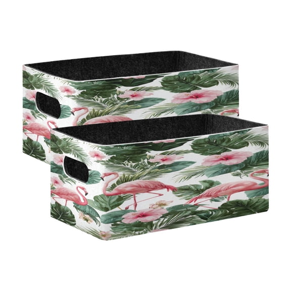 2 Pcs Foldable Felt Storage Bins Decorative Fabric Organizer Baskets Storage Boxes for Shelf & Closet Flamingo and Tropical Leaves