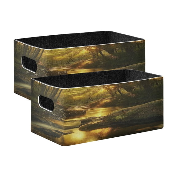 2 Pcs Foldable Felt Storage Bins Decorative Fabric Organizer Baskets Storage Boxes for Shelf & Closet Forest Stream with Moss-covered