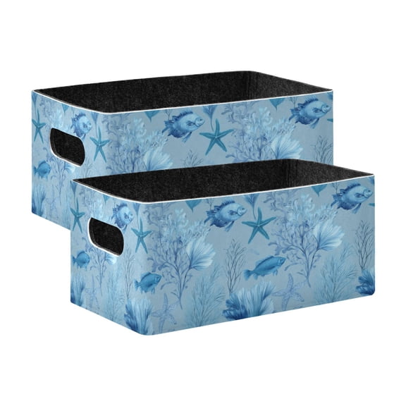 2 Pcs Foldable Felt Storage Bins Decorative Fabric Organizer Baskets Storage Boxes for Shelf & Closet Light Sky-blue Marine Life