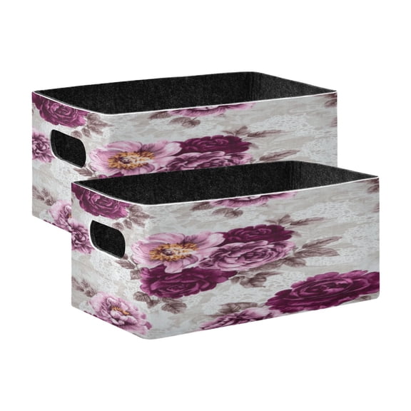 2 Pcs Foldable Felt Storage Bins Decorative Fabric Organizer Baskets Storage Boxes for Shelf & Closet Magenta Roses