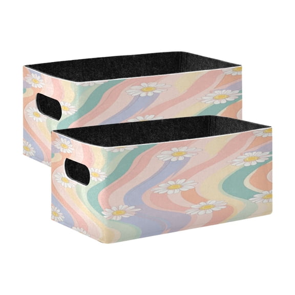 2 Pcs Foldable Felt Storage Bins Decorative Fabric Organizer Baskets Storage Boxes for Shelf & Closet Pastel Rainbow Colors Pattern