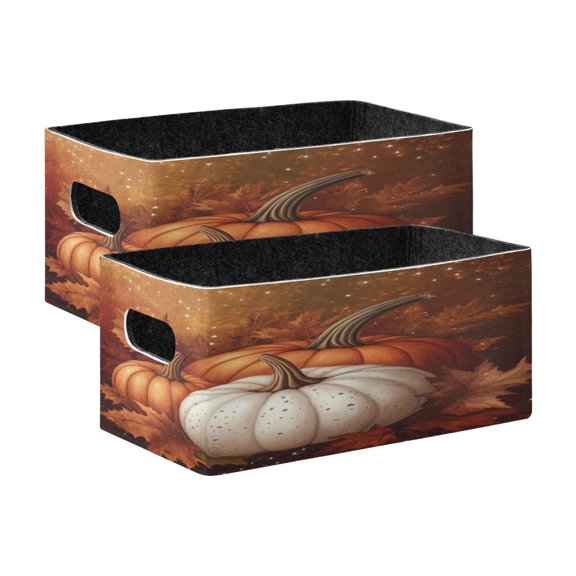 2 Pcs Foldable Felt Storage Bins Decorative Fabric Organizer Baskets Storage Boxes for Shelf & Closet Three Pumpkins and Leaves