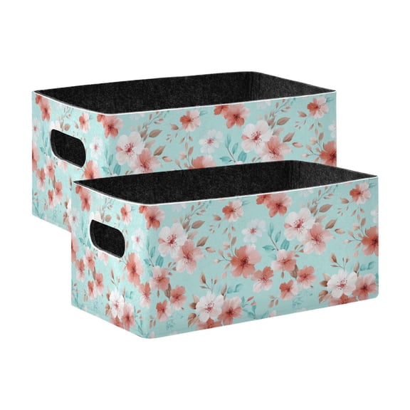 2 Pcs Foldable Felt Storage Bins Decorative Fabric Organizer Baskets Storage Boxes for Shelf & Closet Watercolor Coral Pink Flowers