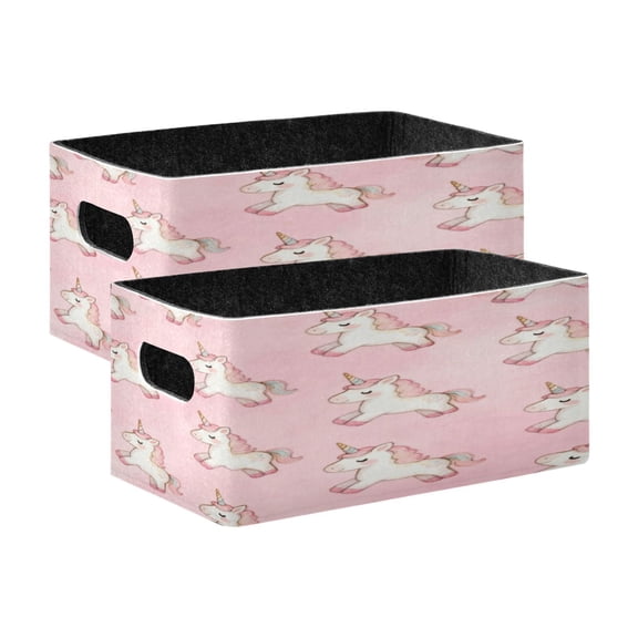 2 Pcs Foldable Felt Storage Bins Decorative Fabric Organizer Baskets Storage Boxes for Shelf & Closet Watercolor Pink Unicorn