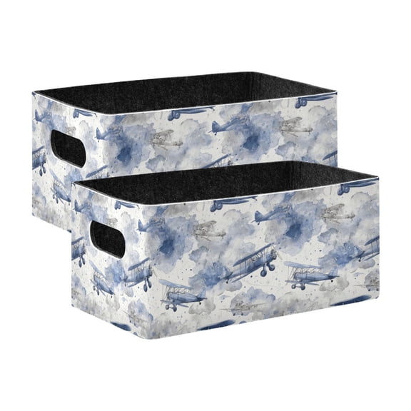 2 Pcs Foldable Felt Storage Bins Decorative Fabric Organizer Baskets Storage Boxes for Shelf & Closet Watercolor Vintage Planes