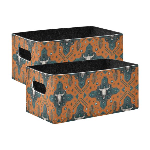 2 Pcs Foldable Felt Storage Bins Decorative Fabric Organizer Baskets Storage Boxes for Shelf & Closet Western-style Cowhorn Skulls