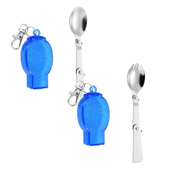 2 Pcs Foldable fork Spoon Spork Set,Stainless Steel Portable Folding Camping Flatware Set,Portable Camping Cutlery,Multi-Functional Foldable Fruit forks for Outdoors Picnic Travel Tableware,Blue