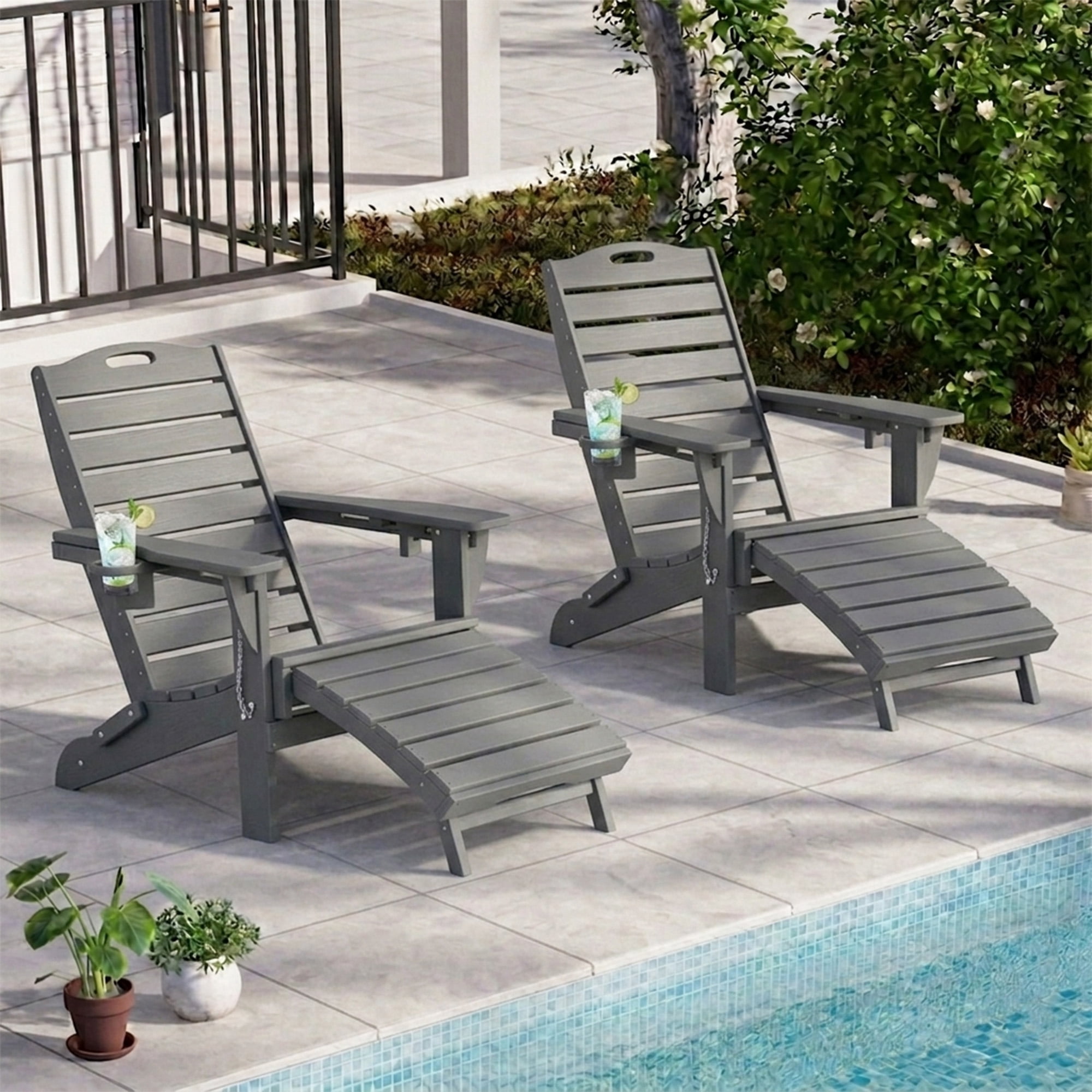 2 Pcs Folding Adirondack Chairs w/ Ottoman, All-Weather HDPE Patio Lounge Chair, Gray