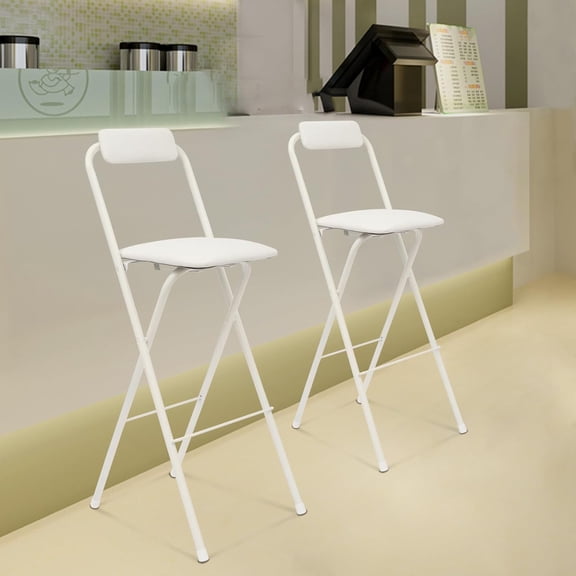 2 Pcs Folding Bar Stool with Backrest, Tall Foldable Stool Chair with PVC Foot Portable Bar Chair Counter Height Seat Leather Padded for Kitchen Island Shop Cafe Dining Room (White)